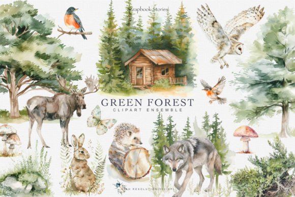 Download Watercolor Green Forest Clipart Set - Green Collection