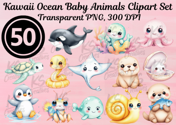 Download Kawaii Ocean Baby Animals Clipart Set - Baby animals clipart Collection